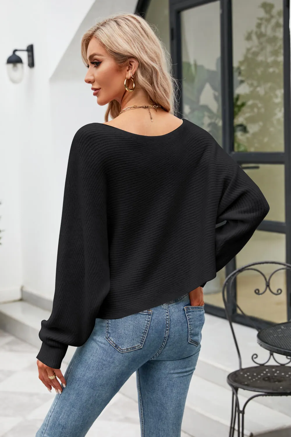 Boat Neck Horizontal Ribbing Dolman Sleeve Sweater, image 9
