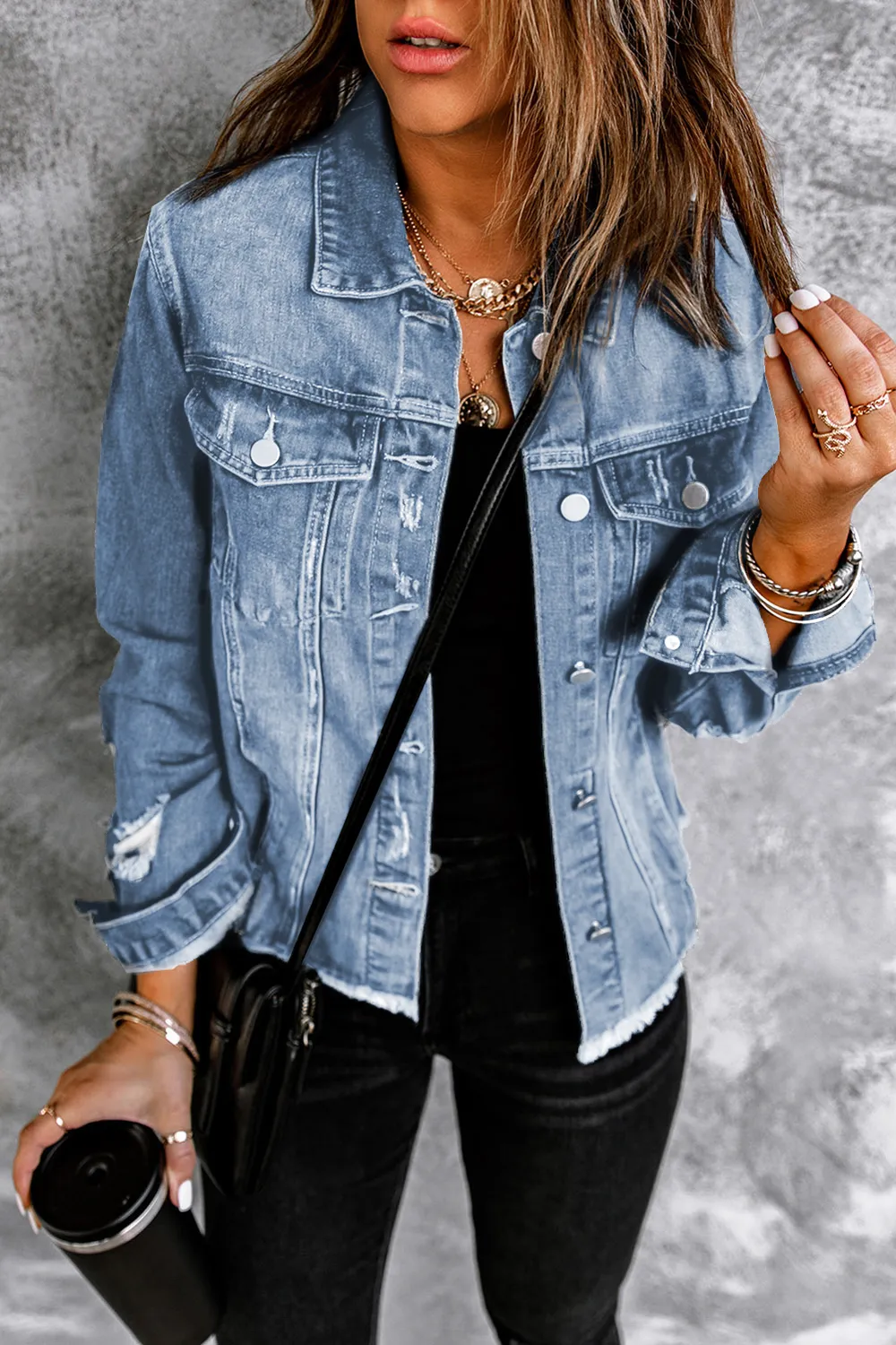Distressed Raw Hem Buttons Denim Jacket, image 4