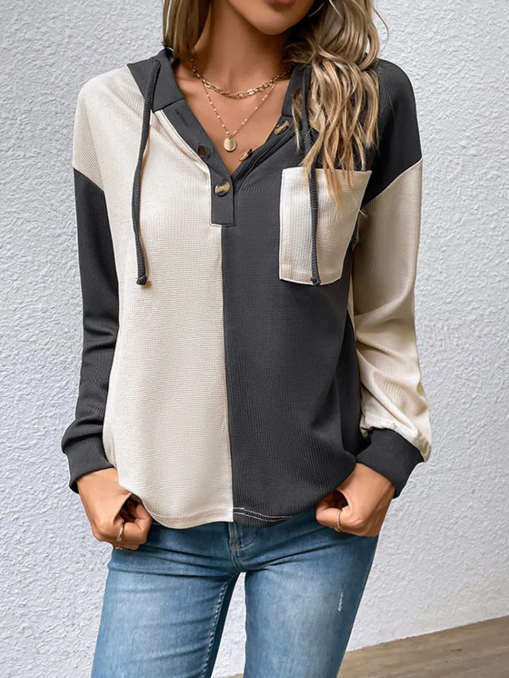 Contrast Color Button-Up Raglan Sleeve Hoodie, image 2