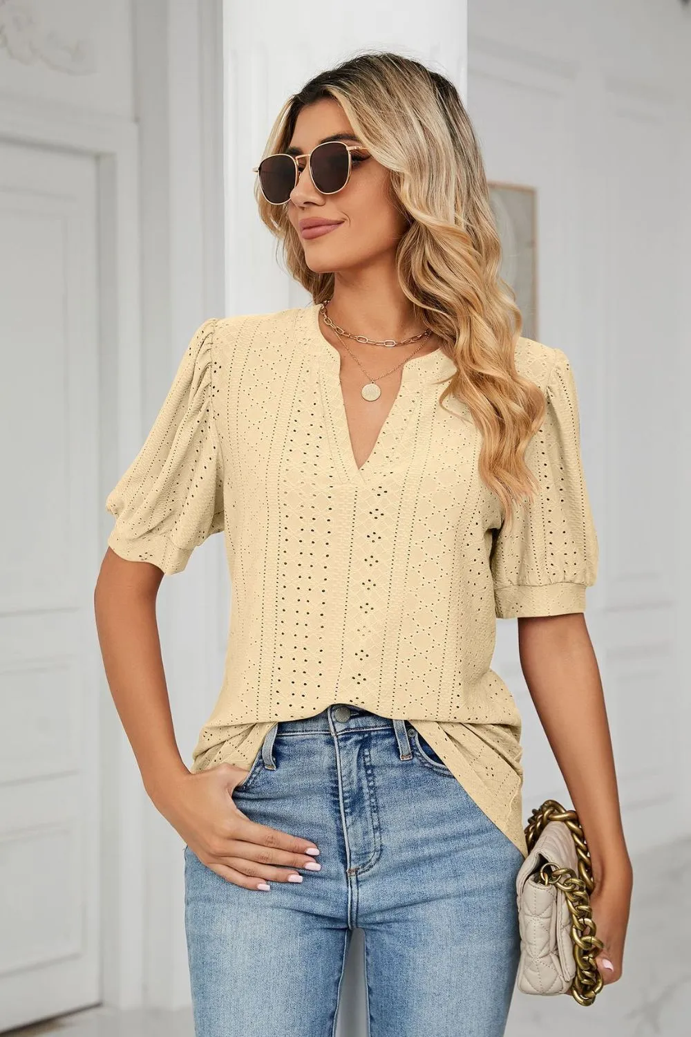 Eyelet Short Puff Sleeve Notched Neck Top, image 23