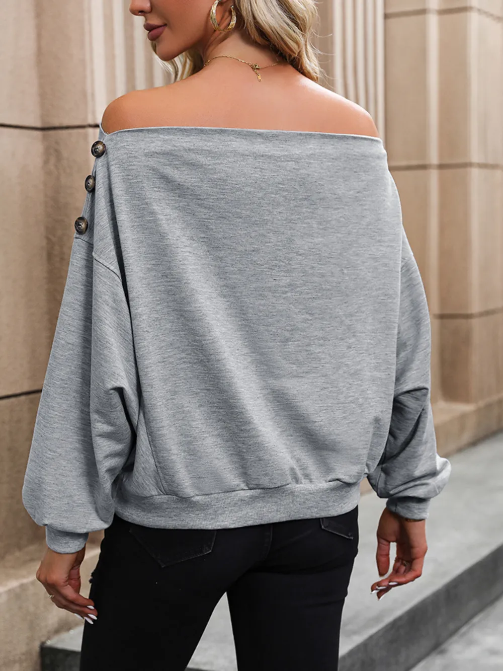 Off Shoulder Long Sleeve Buttoned Blouse, image 2
