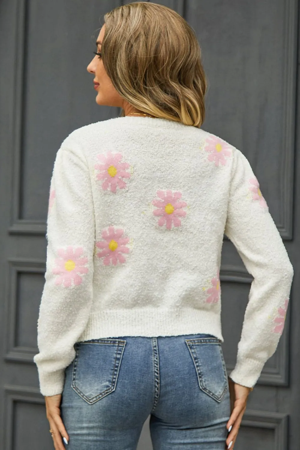 Flower Pattern Round Neck Short Sleeve Pullover Sweater, image 7
