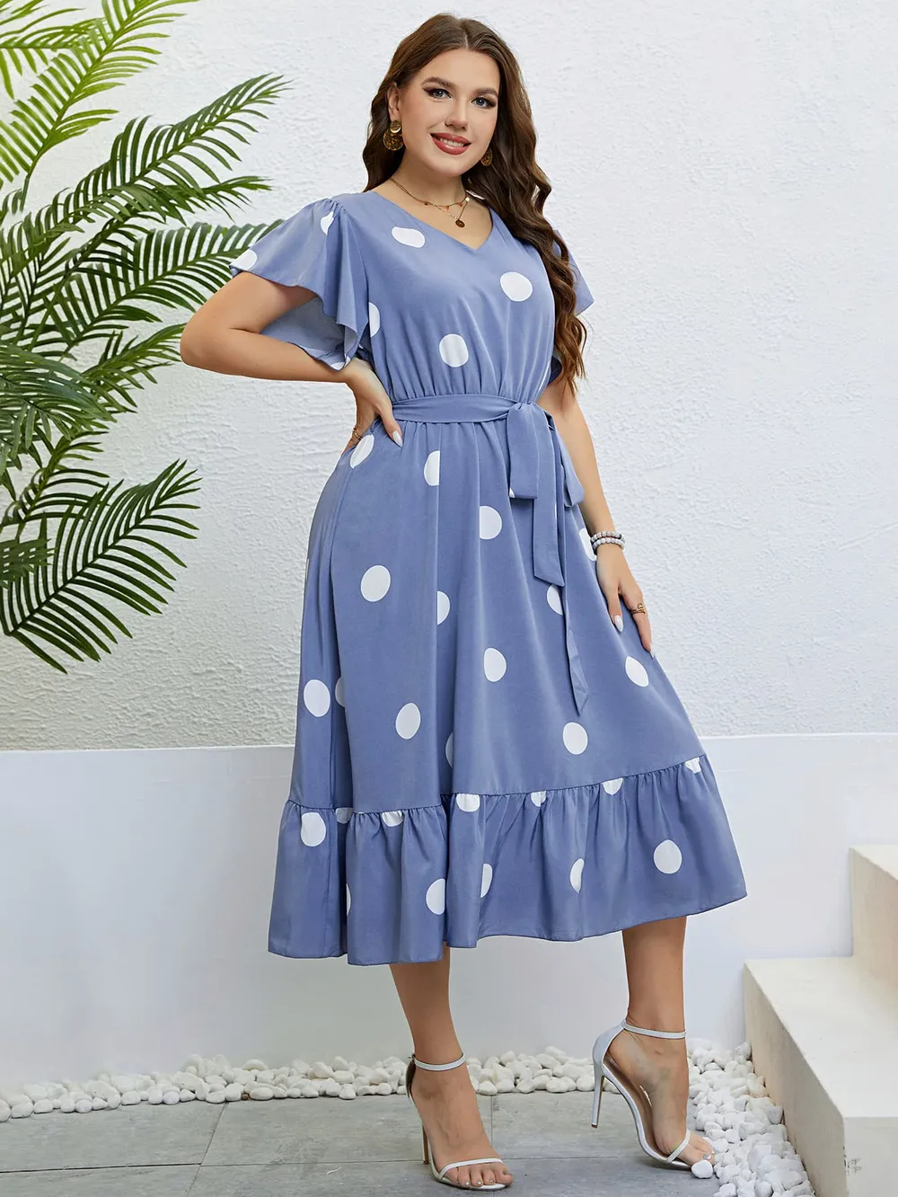 Polka Dot Belted Flutter Sleeve Ruffle Hem Dress, image 2