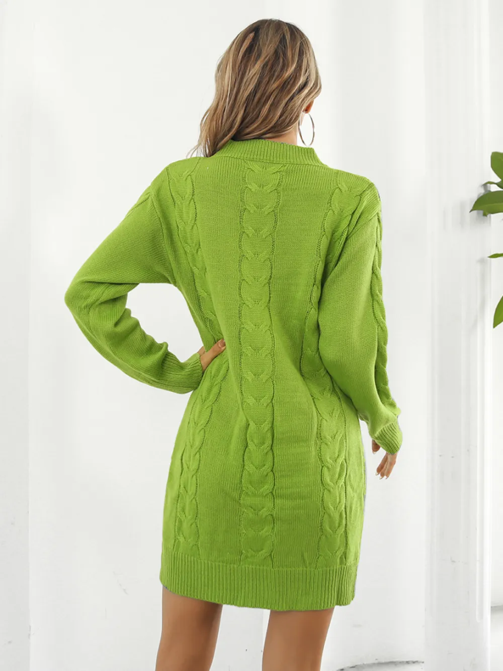Cable-Knit Round Neck Sweater Dress, image 2
