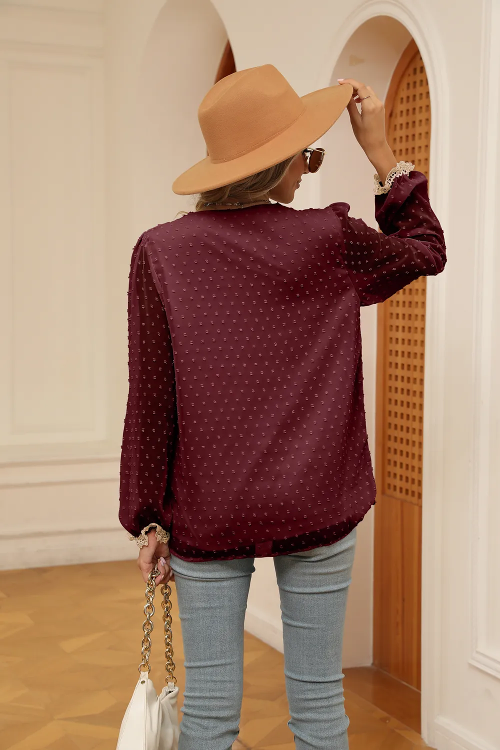 Swiss Dot Contrast V-Neck Blouse, image 6