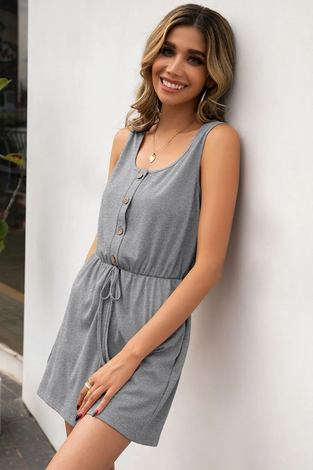 Buttoned Round Neck Sleeveless Romper, image 5