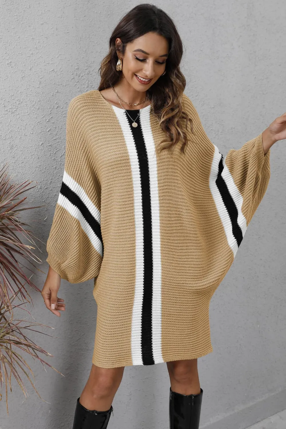 Ribbed Round Neck Long Sleeve Sweater Dress, image 8