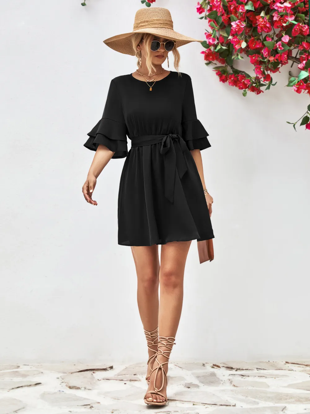 Round Neck Tie Belt Flounce Sleeve Dress, image 6