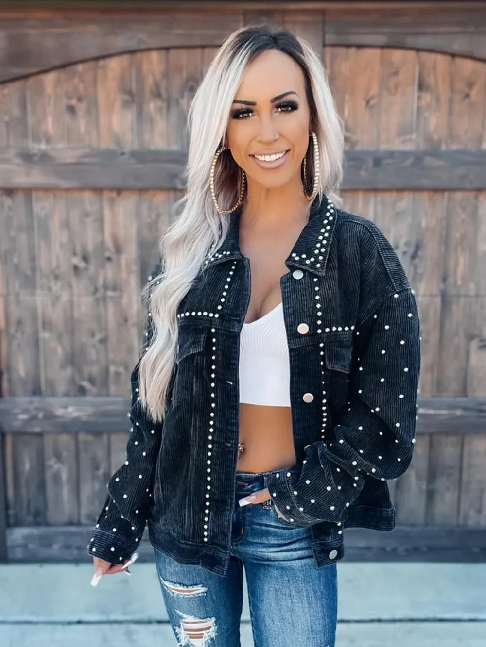 Studded Collared Neck Button Down Jacket, image 5