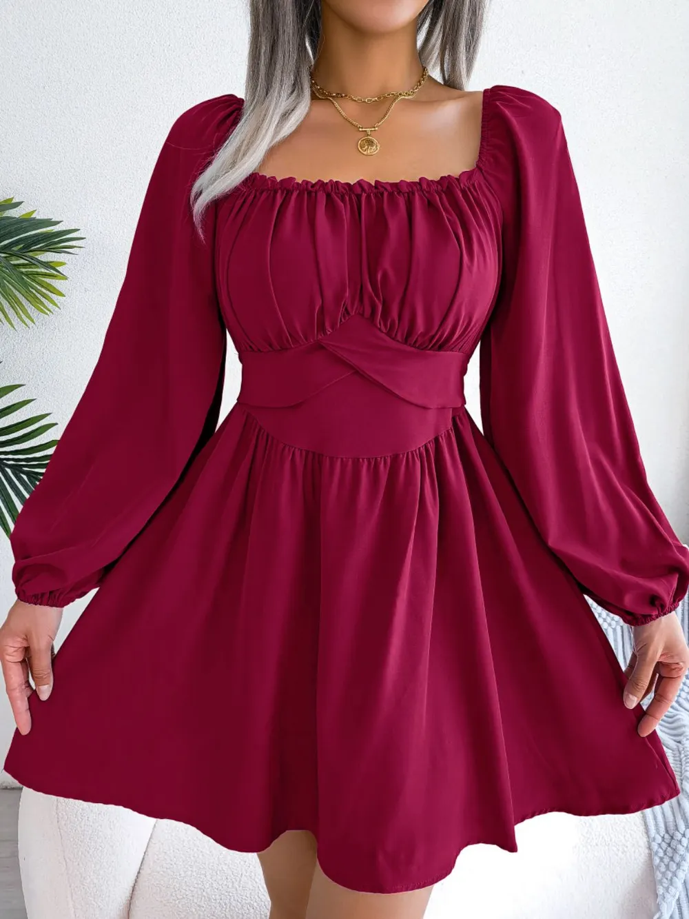 Tied Square Neck Balloon Sleeve Dress, image 2