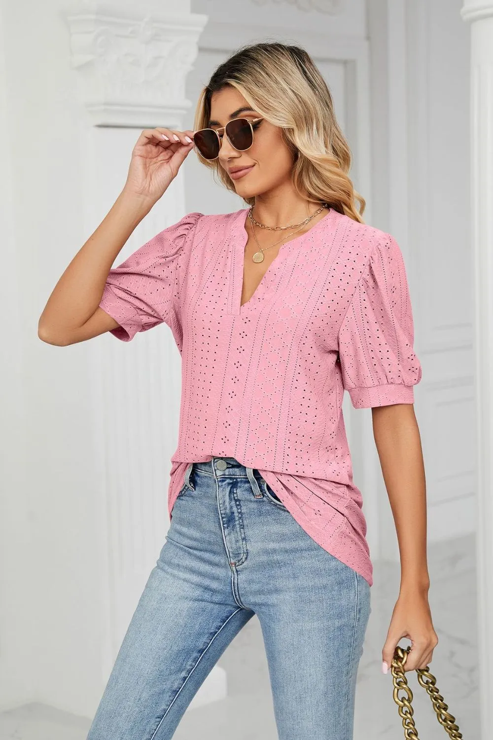 Eyelet Short Puff Sleeve Notched Neck Top, image 27
