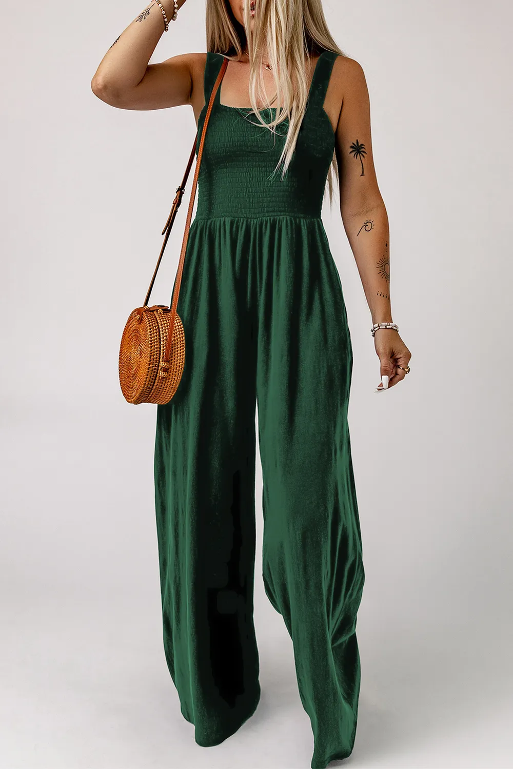 Smocked Square Neck Wide Leg Jumpsuit with Pockets, image 6