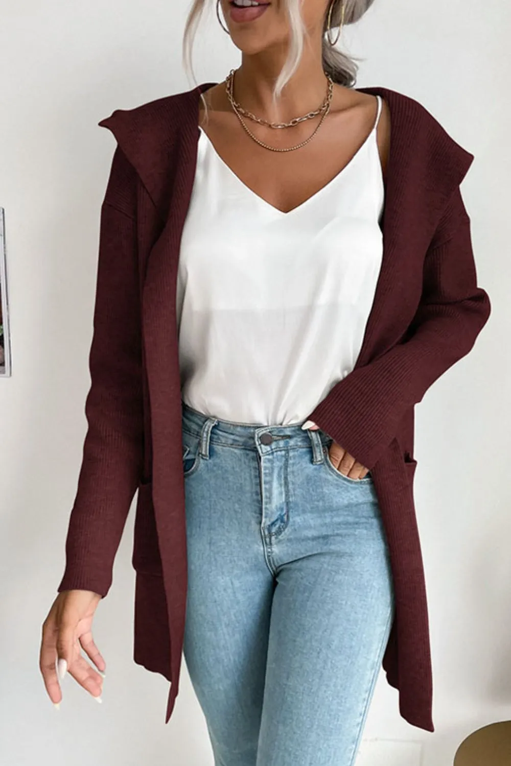Ribbed Open Front Hooded Cardigan with Pockets, image 6