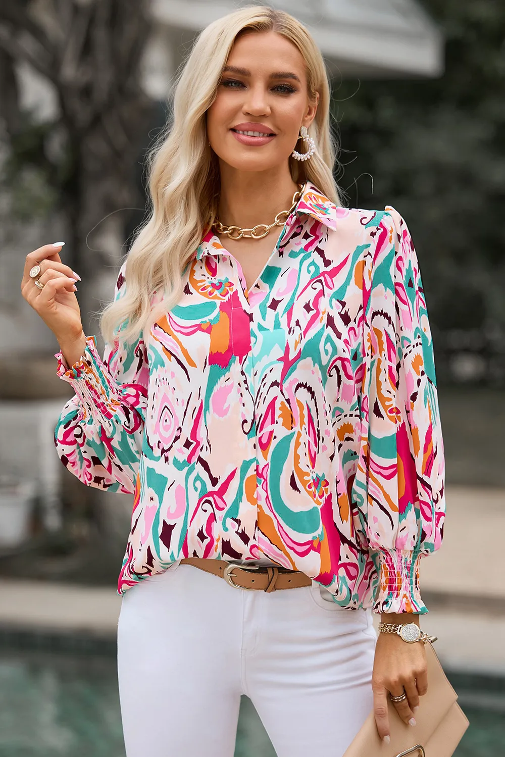 Printed Puff Sleeve Collared Blouse, image 4