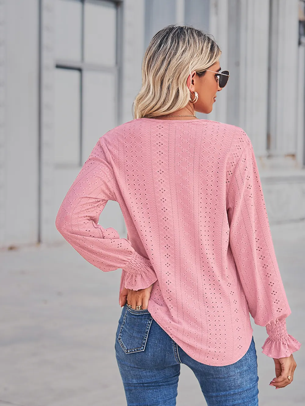 V-Neck Eyelet Flounce Sleeve Blouse, image 8