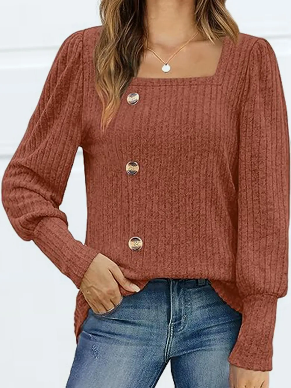 Decorative Button Square Neck Top, image 2