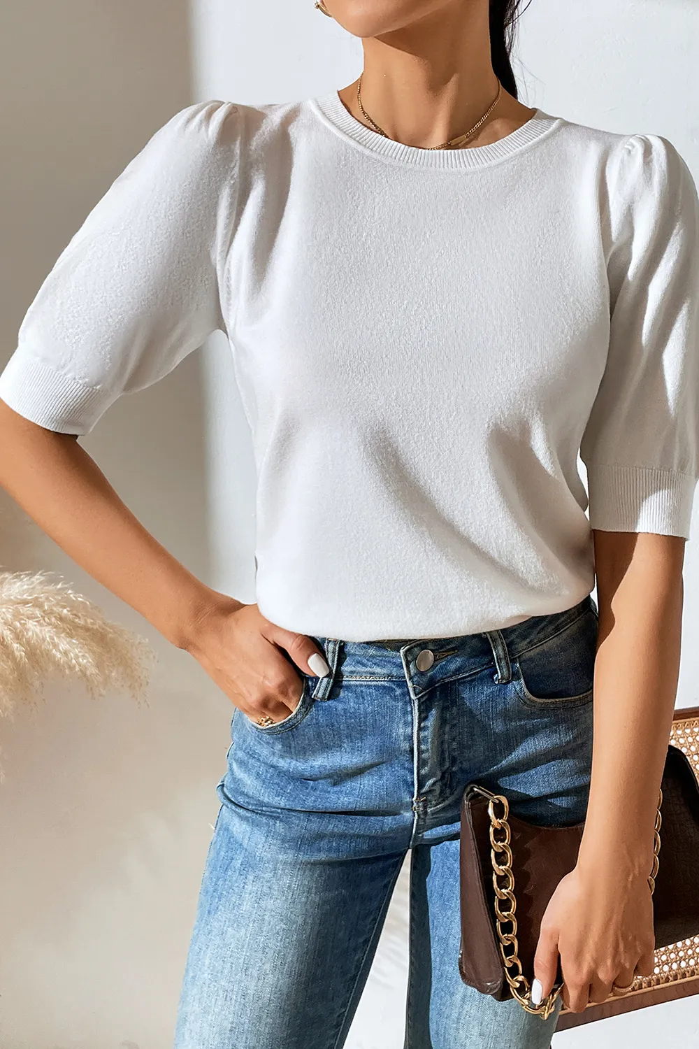 Round Neck Puff Sleeve Knit Top, image 5
