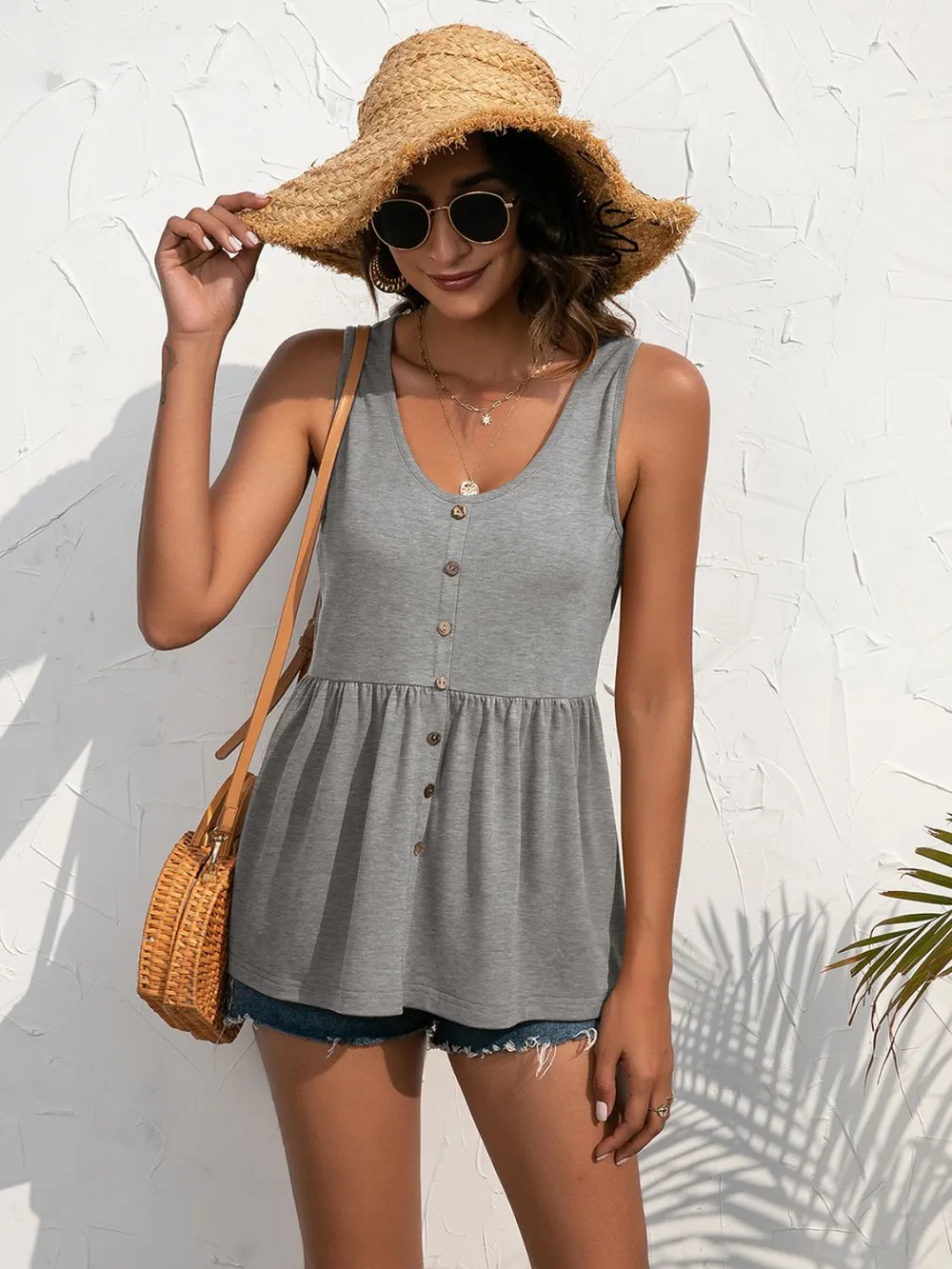 Decorative Button Scoop Neck Tank, image 3