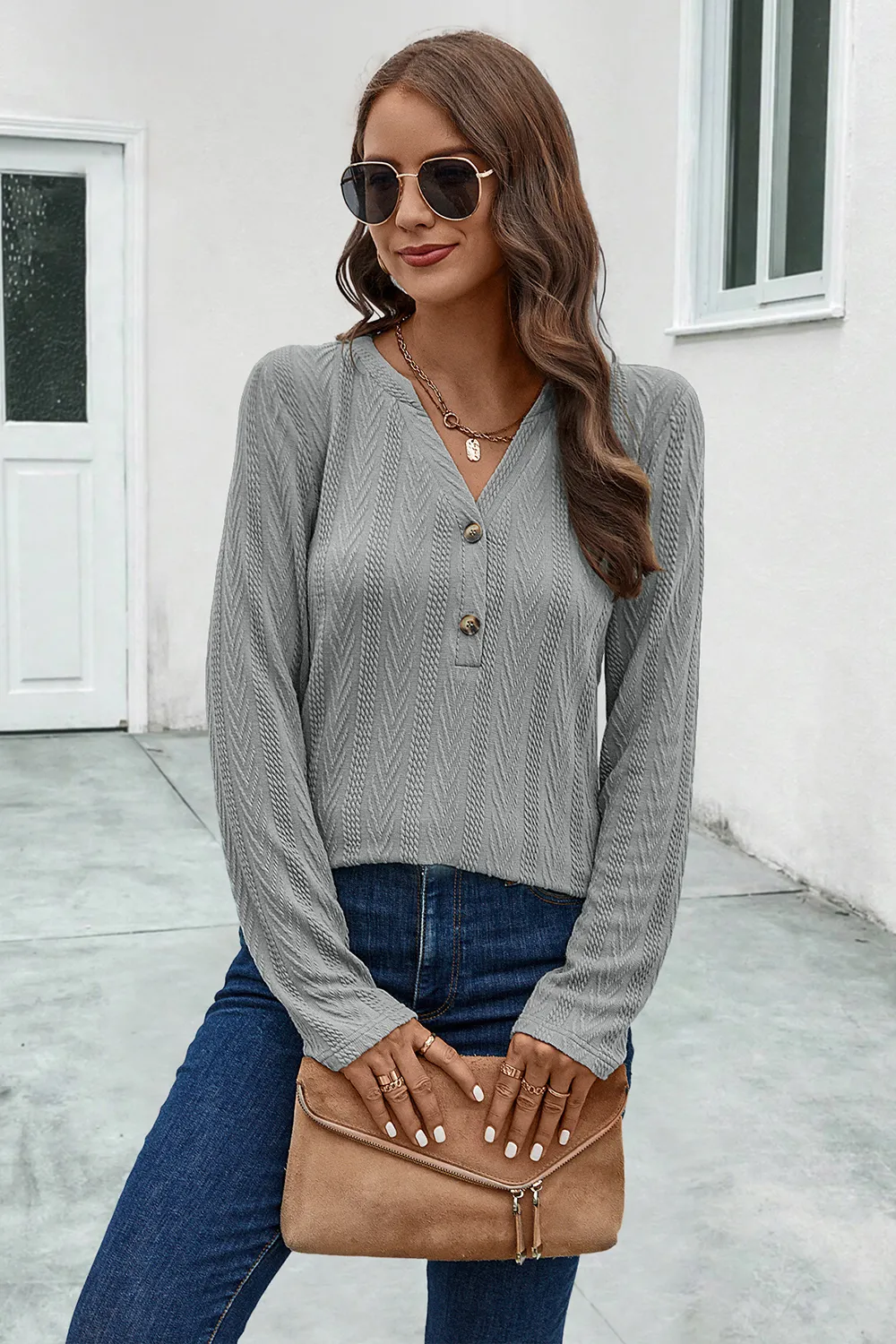 Buttoned Notched Neck Long Sleeve T-Shirt, image 4