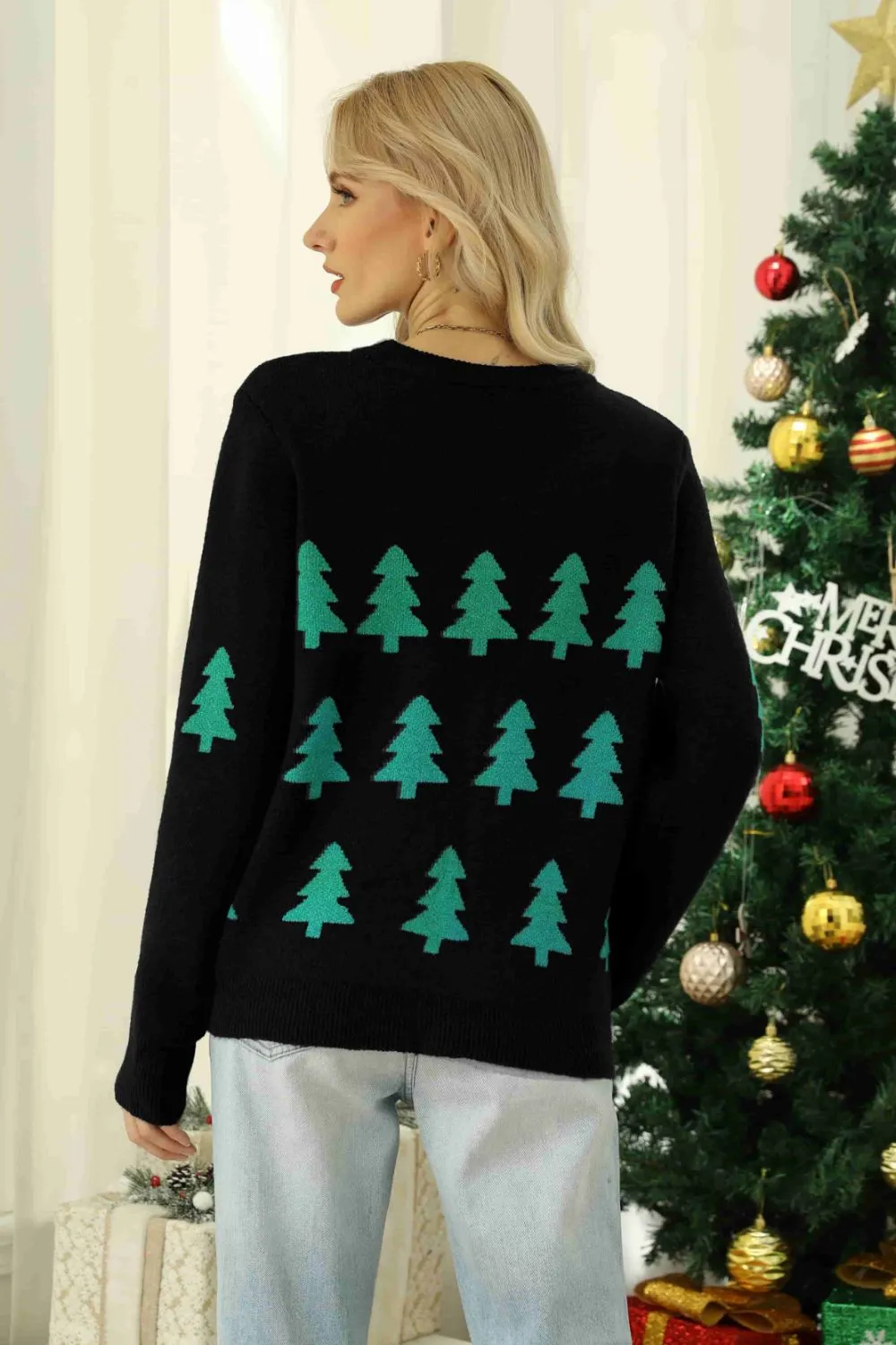 Christmas Tree Round Neck Ribbed Trim Sweater, image 2