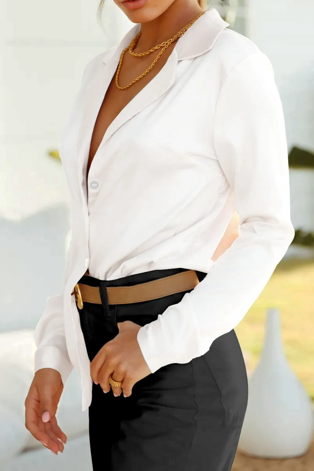 Lapel Collar Buttoned Puff Sleeve Shirt, image 11
