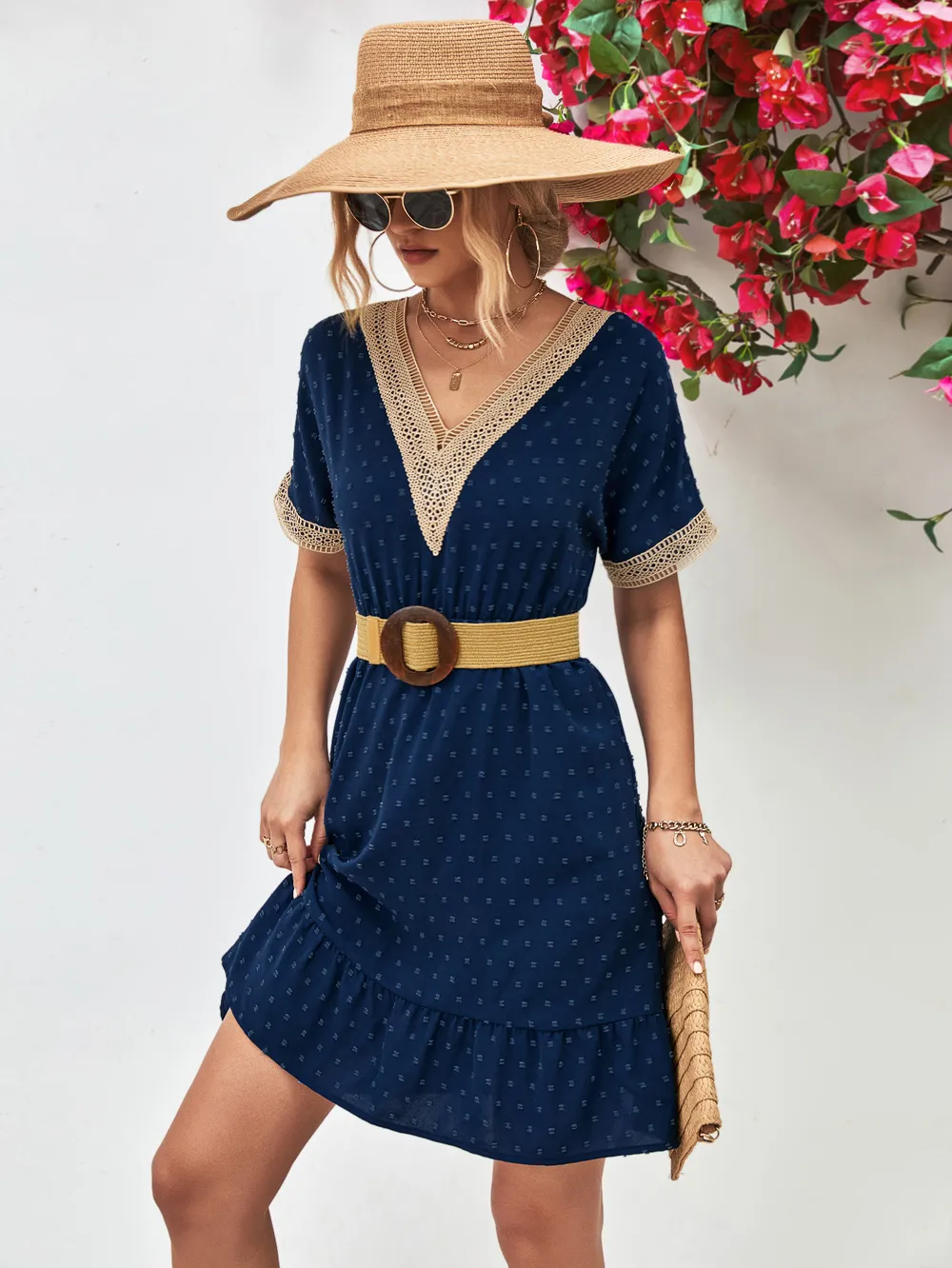 Contrast V-Neck Short Sleeve Mini Dress, image 3