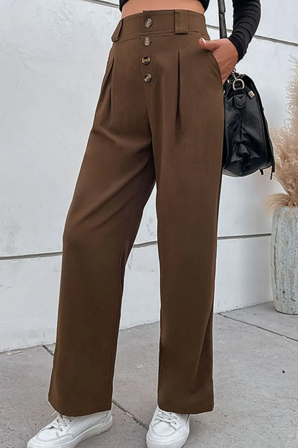 Button-Fly Pleated Waist Wide Leg Pants with Pockets, image 3