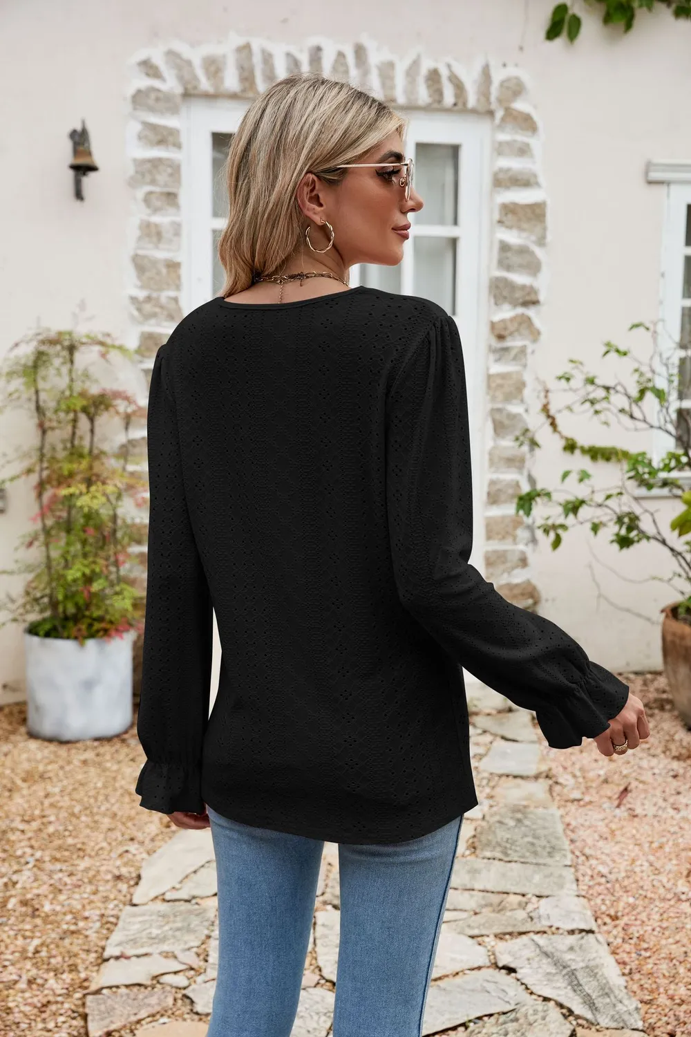Eyelet Lace Trim Flounce Sleeve Blouse, image 10