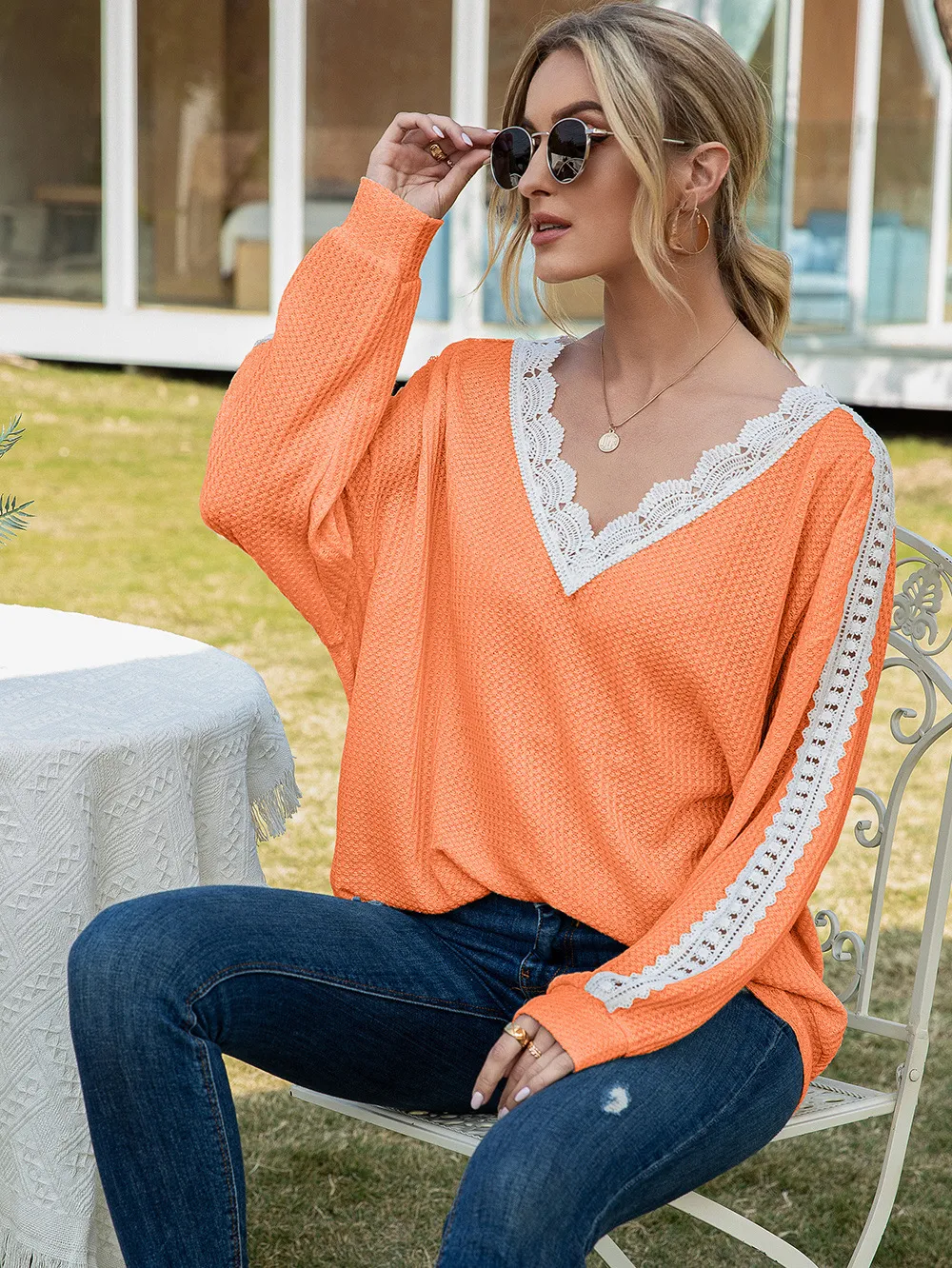 Contrast Spliced Lace V-Neck Top, image 7