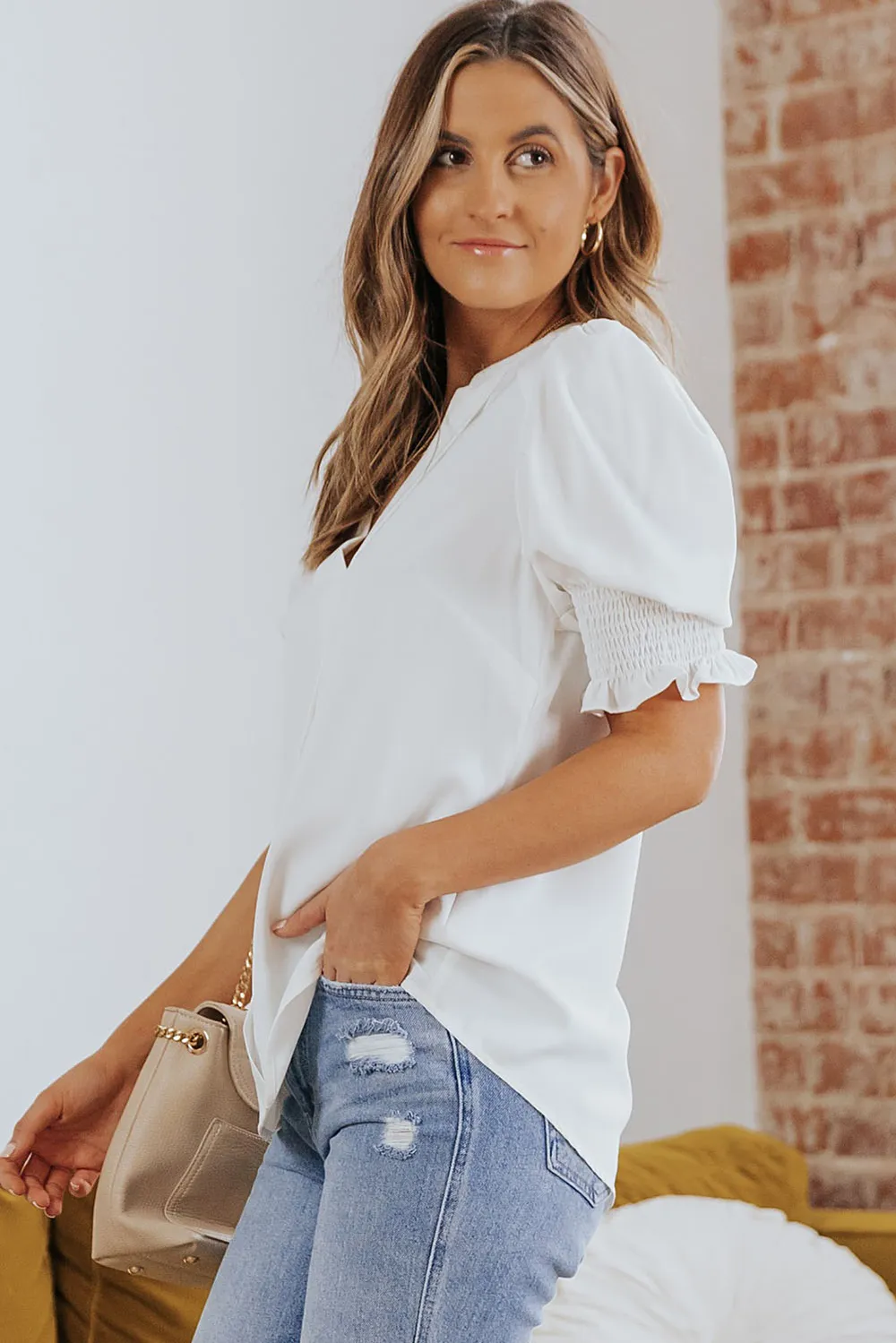 Smocked Flounce Sleeve Notched Neck Blouse, image 13