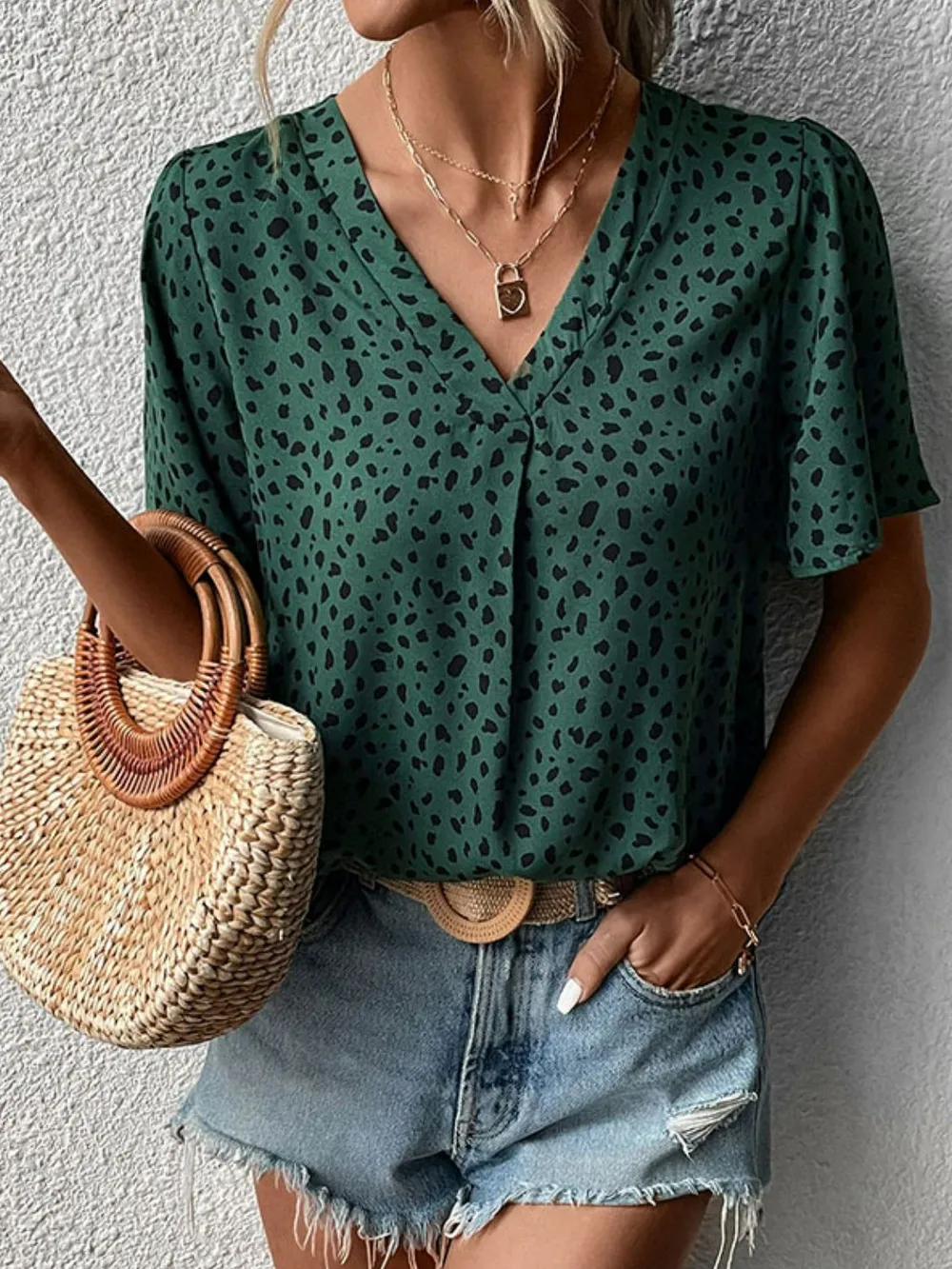 Animal Print V-Neck Flutter Sleeve Blouse, image 3