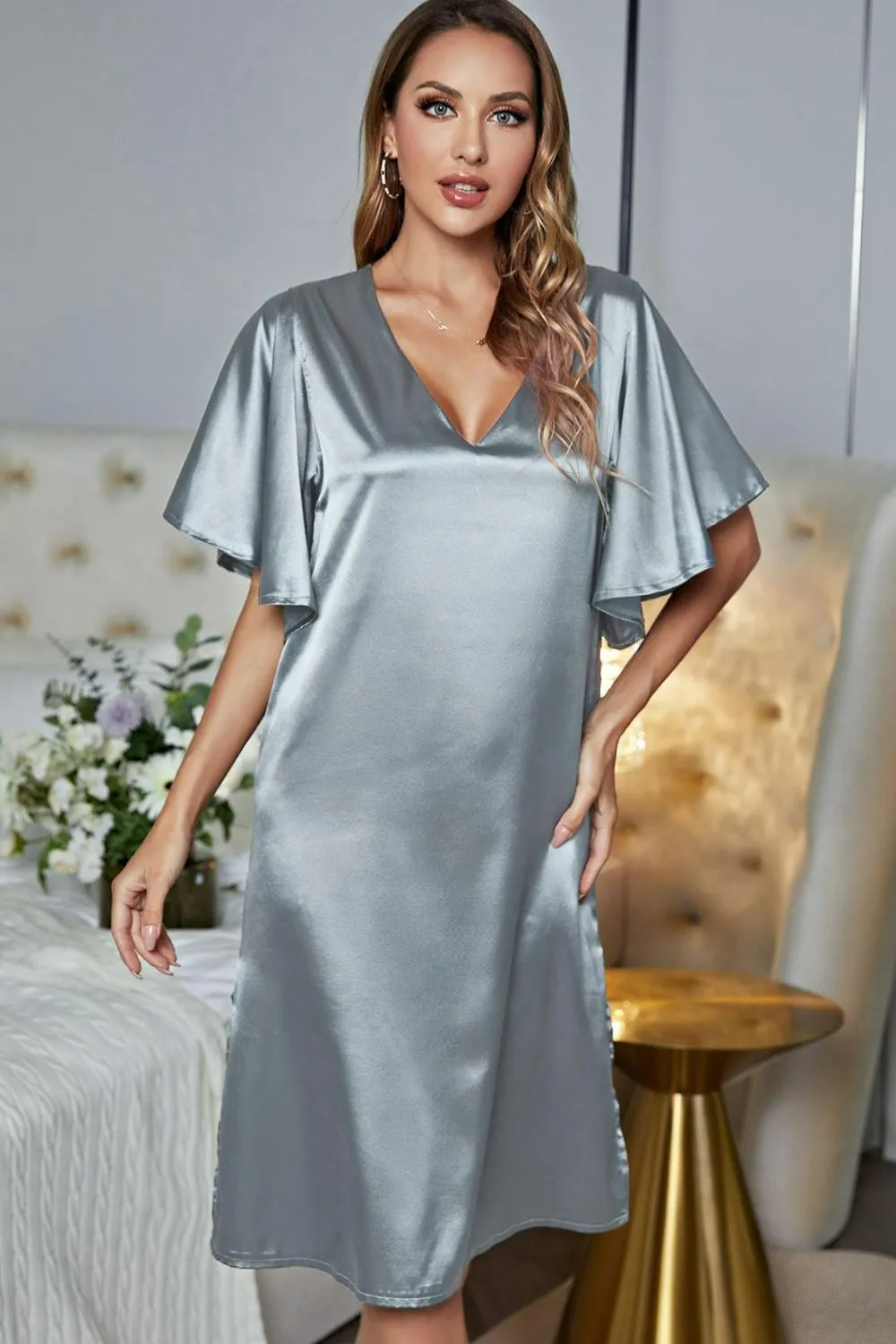 Satin Flutter Sleeve Side Slit V-Neck Night Dress, image 20