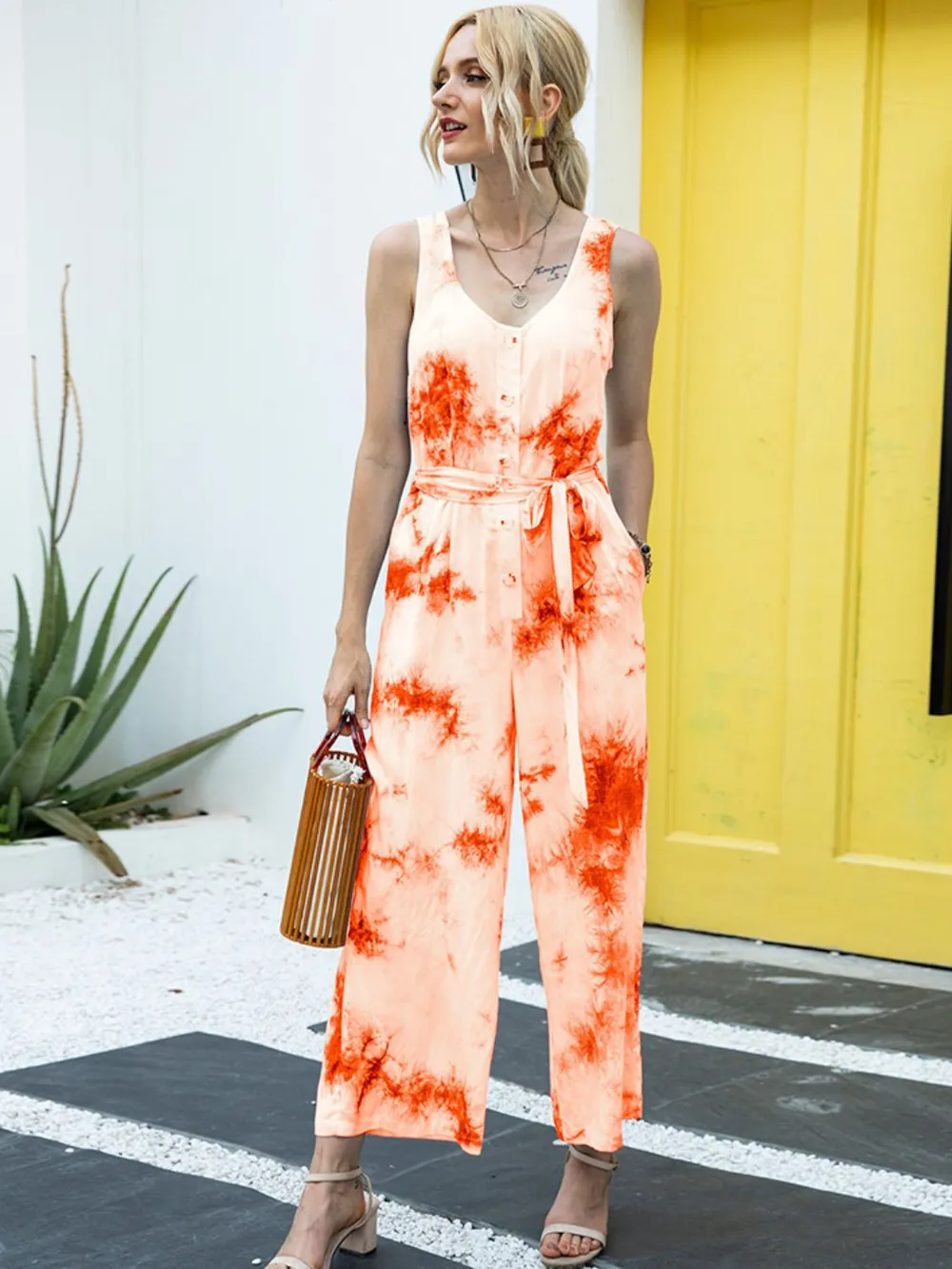 Tie-Dye Tie Waist Sleeveless Jumpsuit, image 3