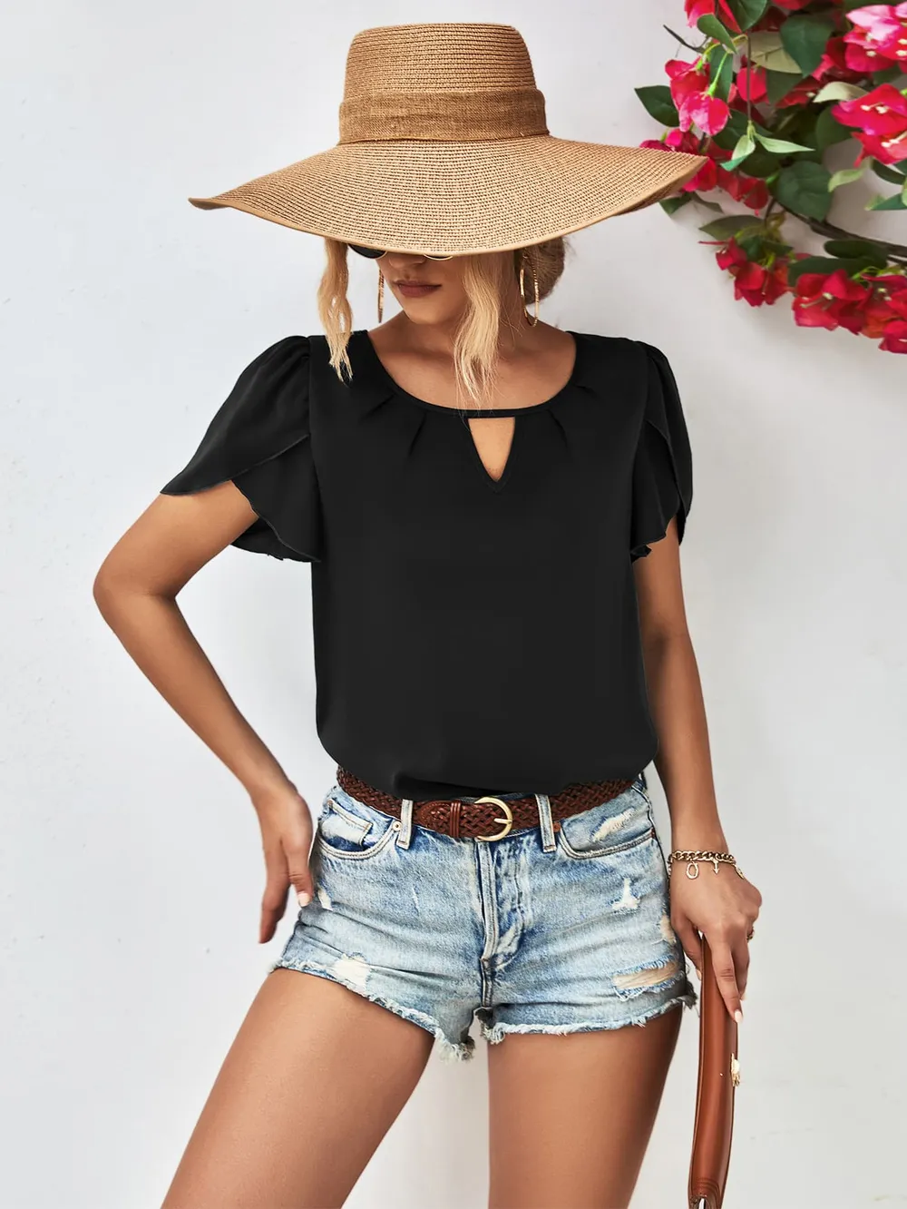 Cutout Round Neck Petal Sleeve Blouse, image 4
