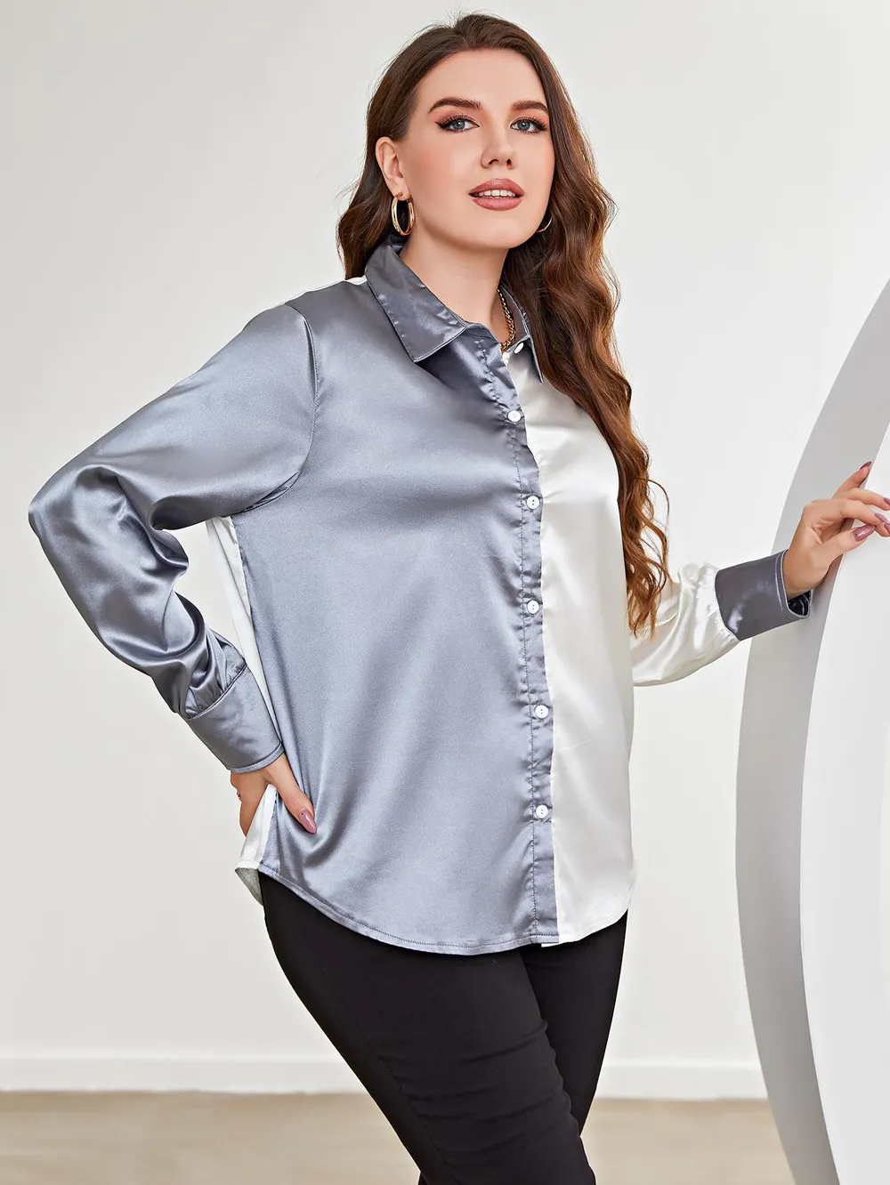 Plus Size Two-Tone Long Sleeve Shirt, image 3