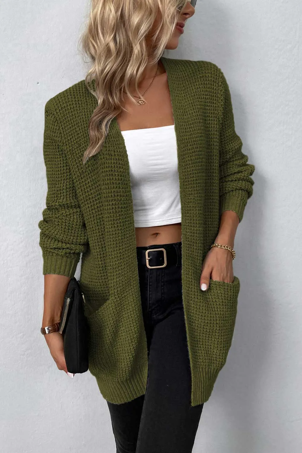 Rib-Knit Open Front Pocketed Cardigan, image 12
