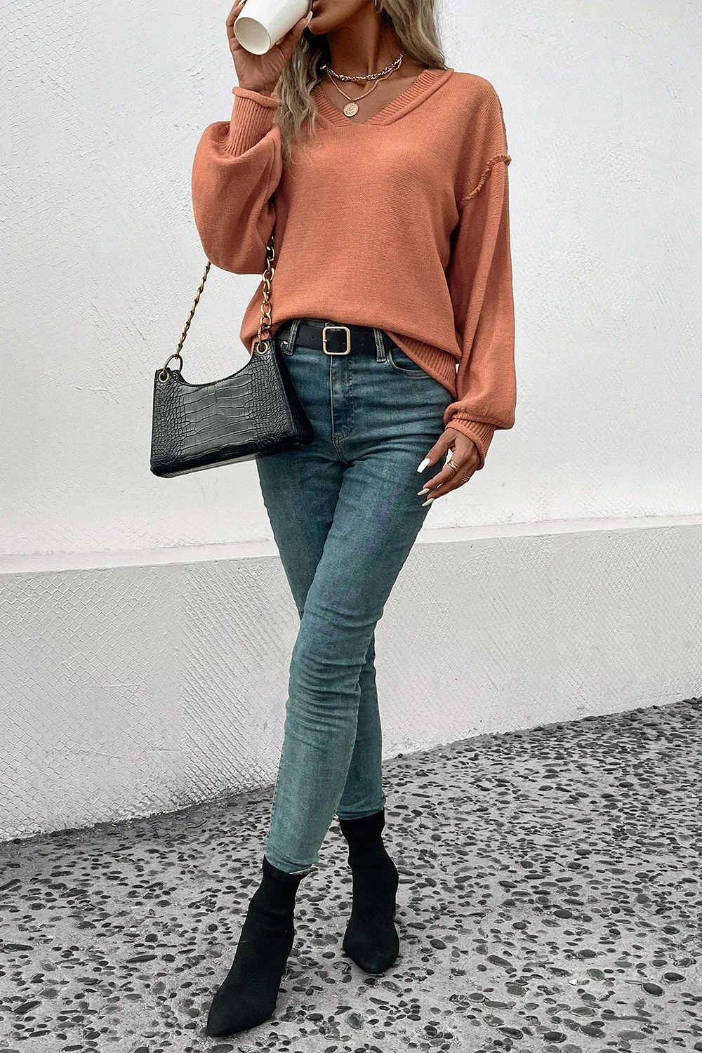 V-Neck Exposed Seam Sweater, image 3