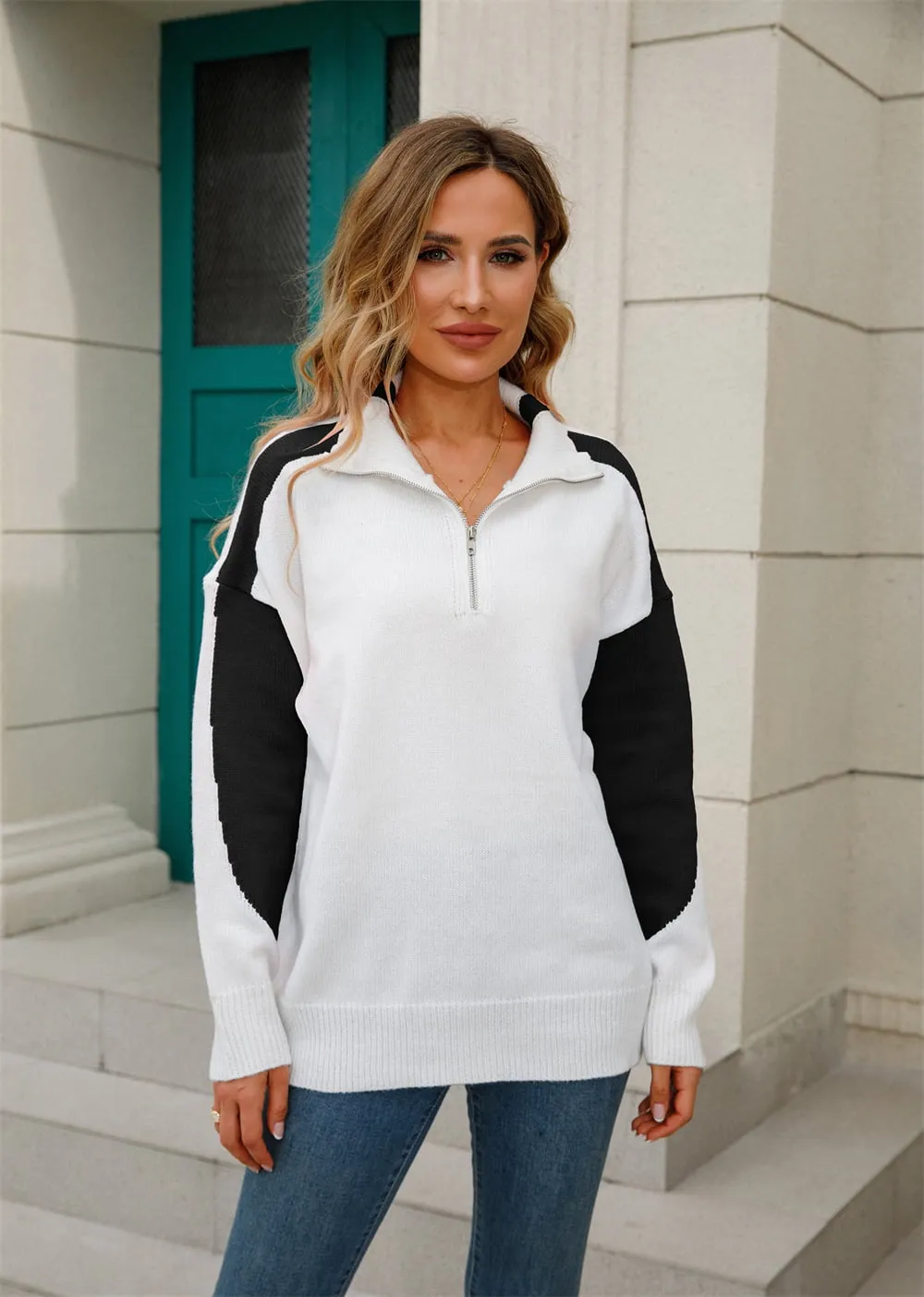 Two-Tone Collared Neck Dropped Shoulder Knit Top, image 12