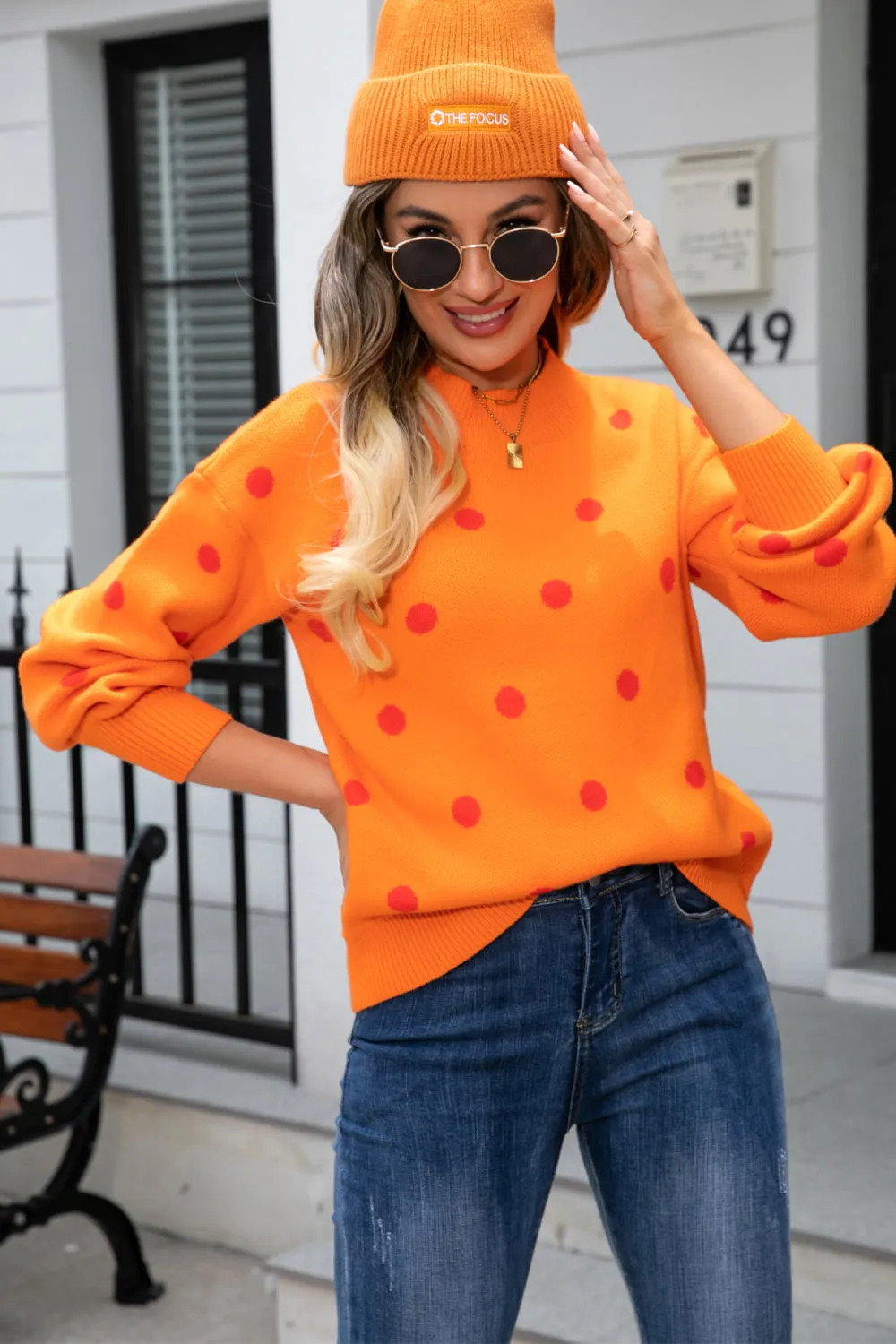 Polka Dot Round Neck Dropped Shoulder Sweater, image 17