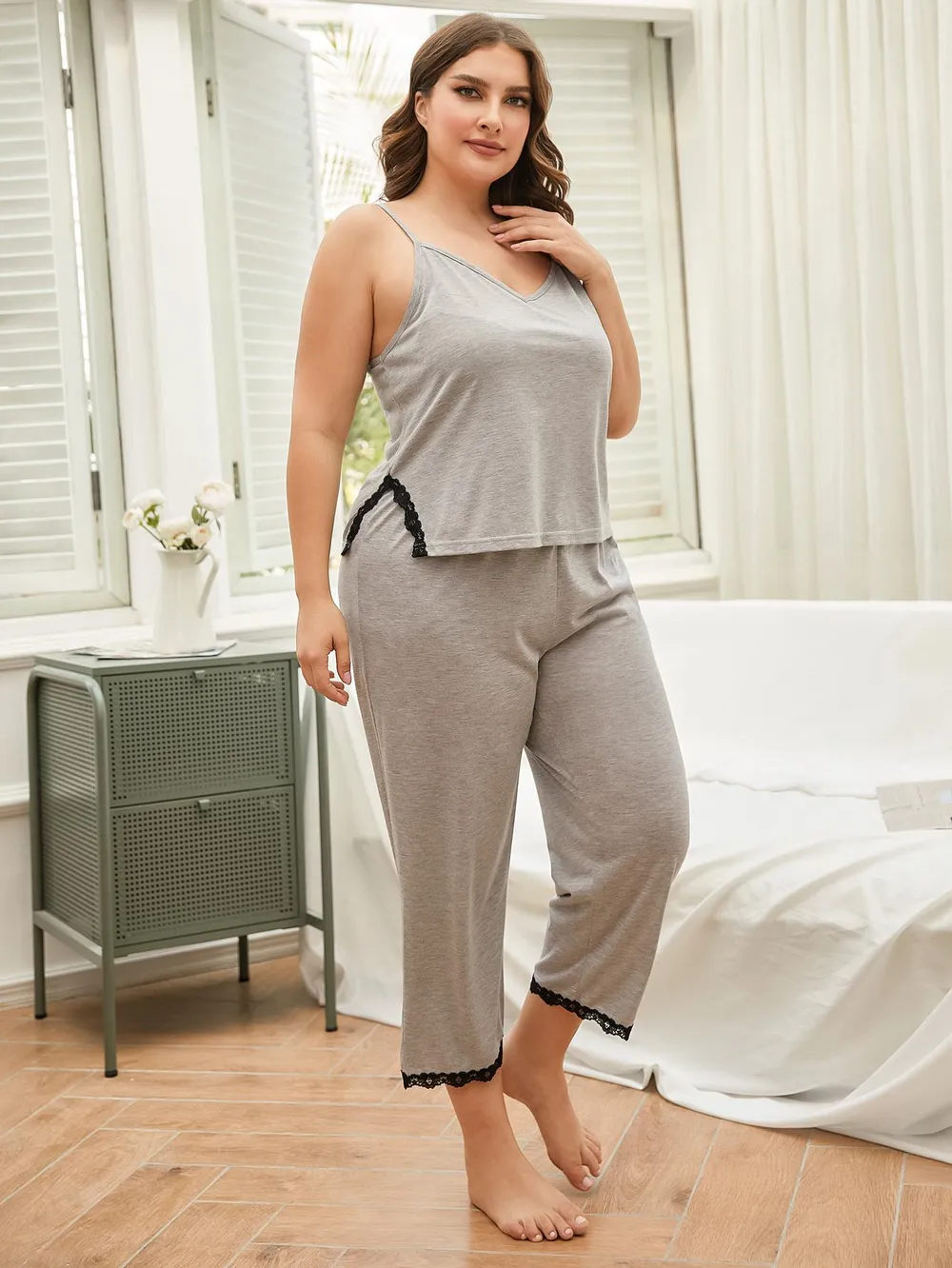 Plus Size Lace Trim Slit Cami and Pants Pajama Set, image 4