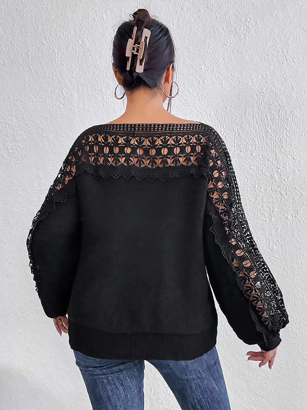 Lace Trim Boat Neck Knit Top, image 2