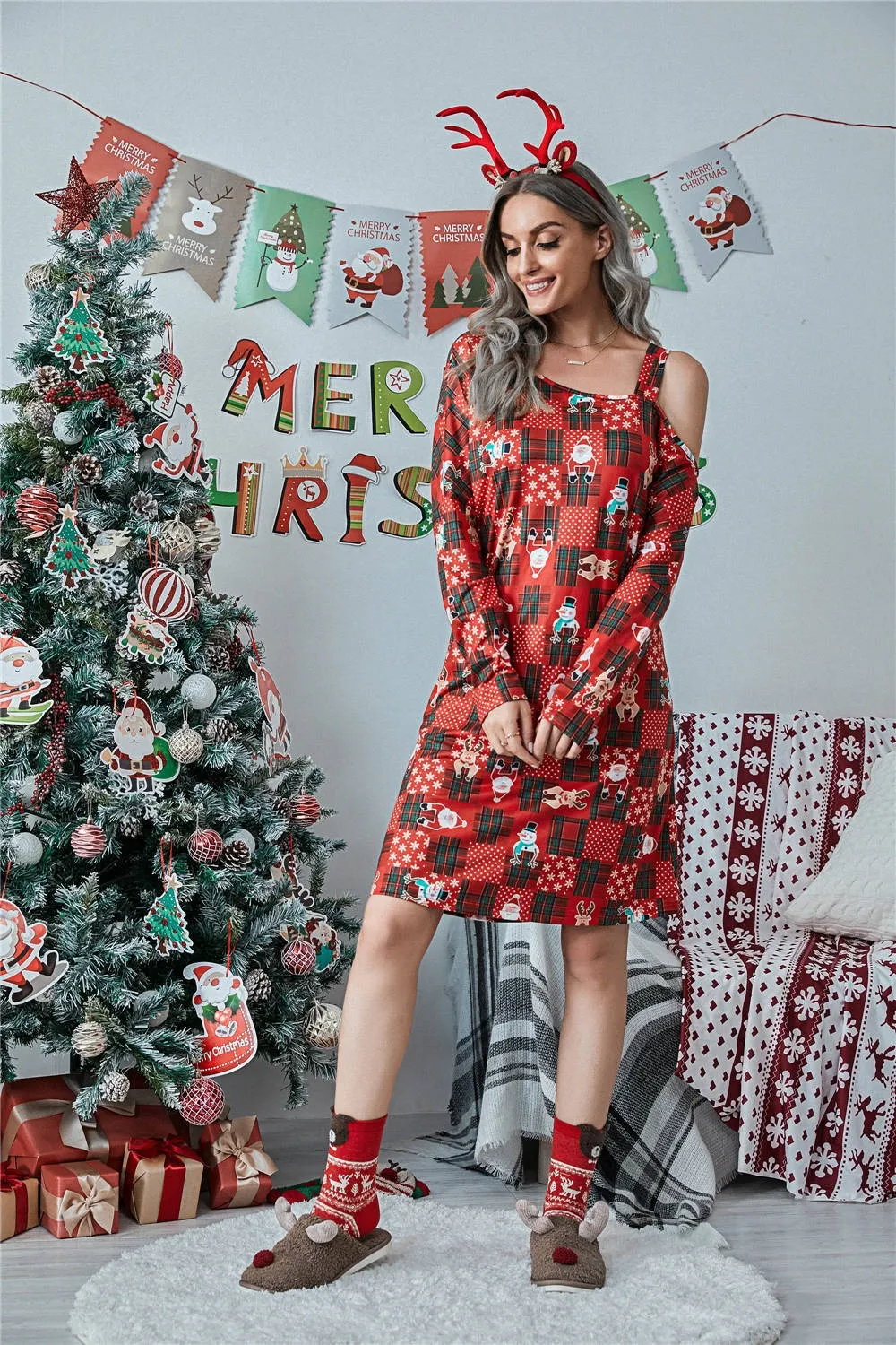 Christmas Asymmetrical Neck Long Sleeve Dress, image 4