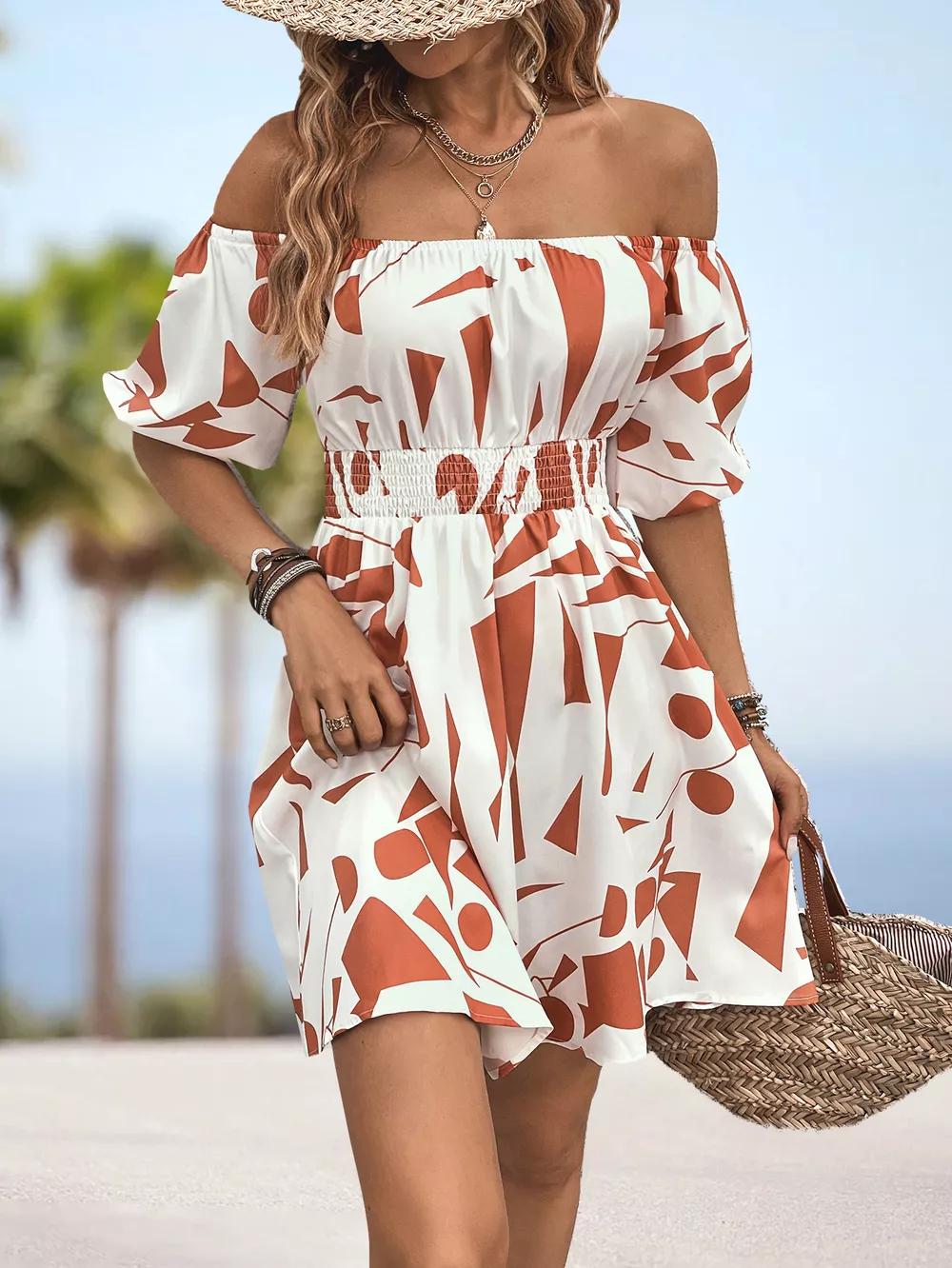 Printed Off-Shoulder Smocked Waist Dress, image 3
