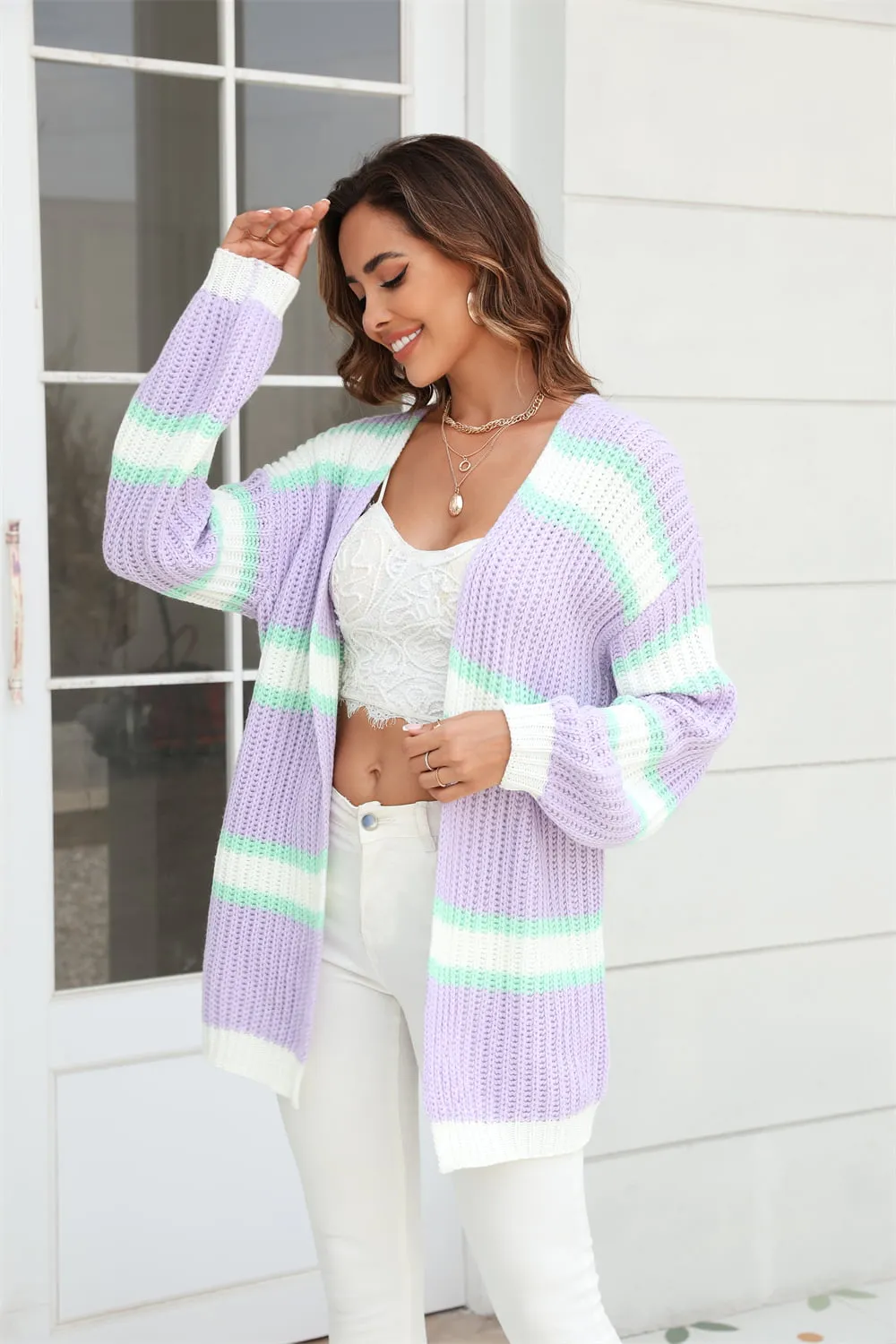 Color Block Ribbed Dropped Shoulder Open Front Cardigan, image 6