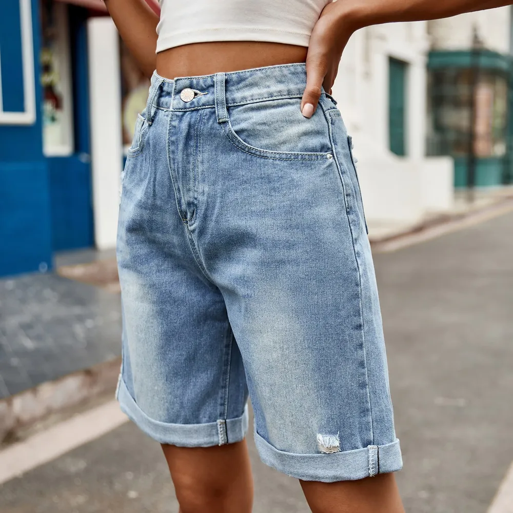 Distressed Buttoned Denim Shorts with Pockets, image 2