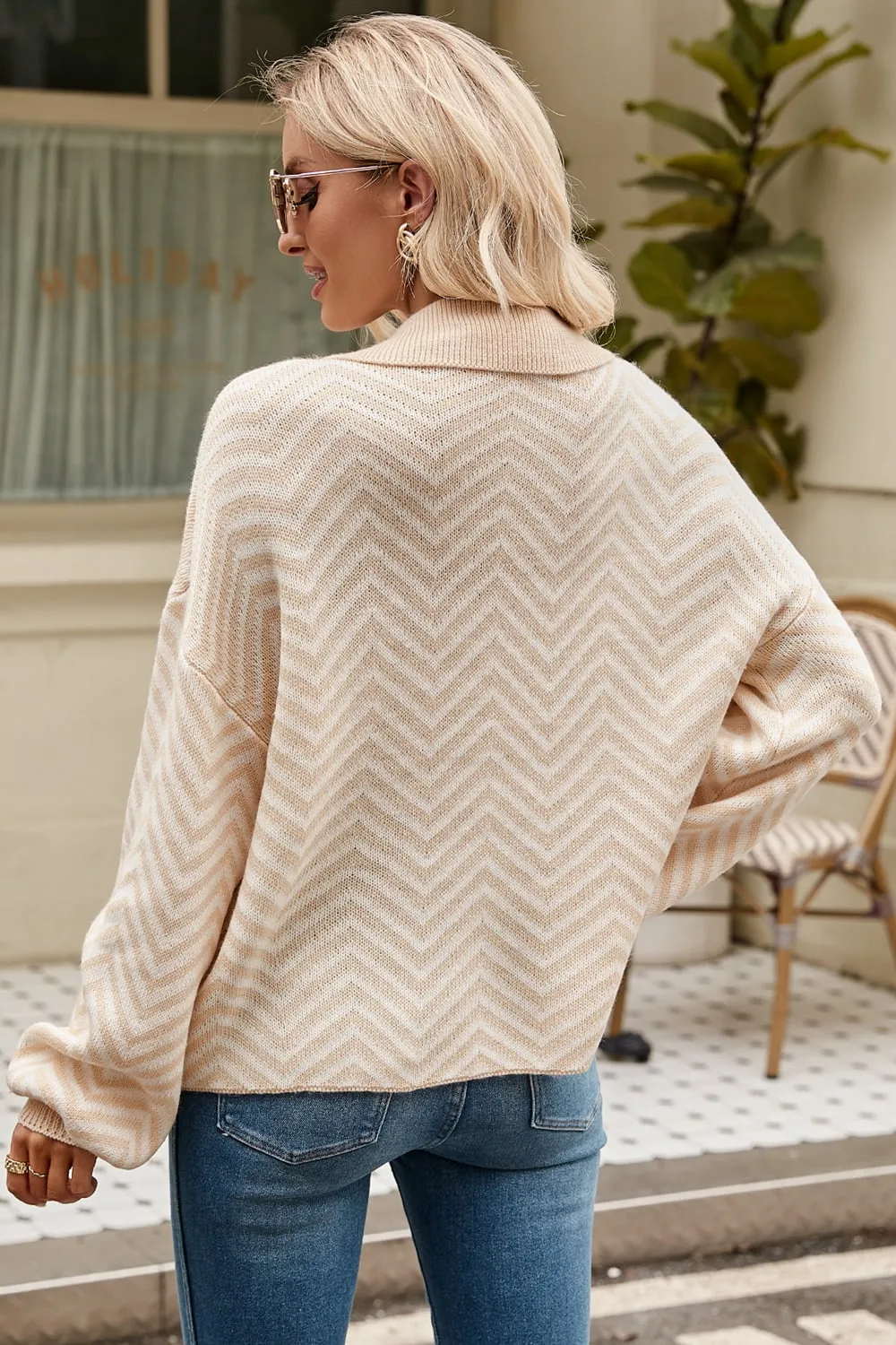 Striped Collared Neck Buttoned Pullover Sweater, image 15