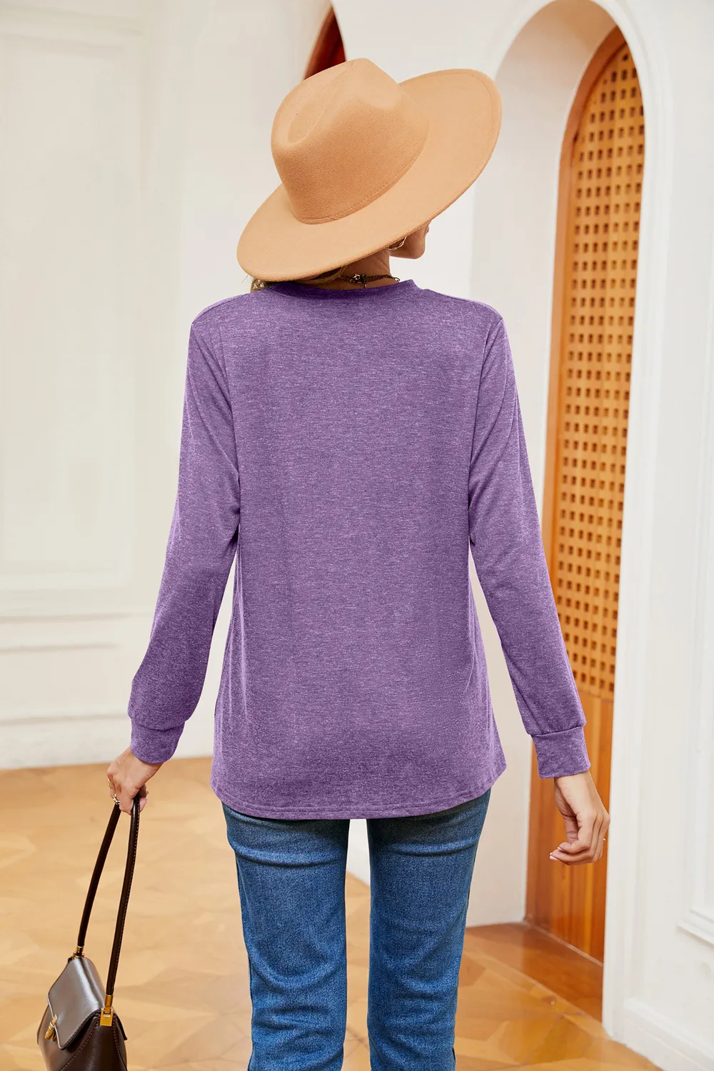 Buttoned Notched Neck Long Sleeve Top, image 28