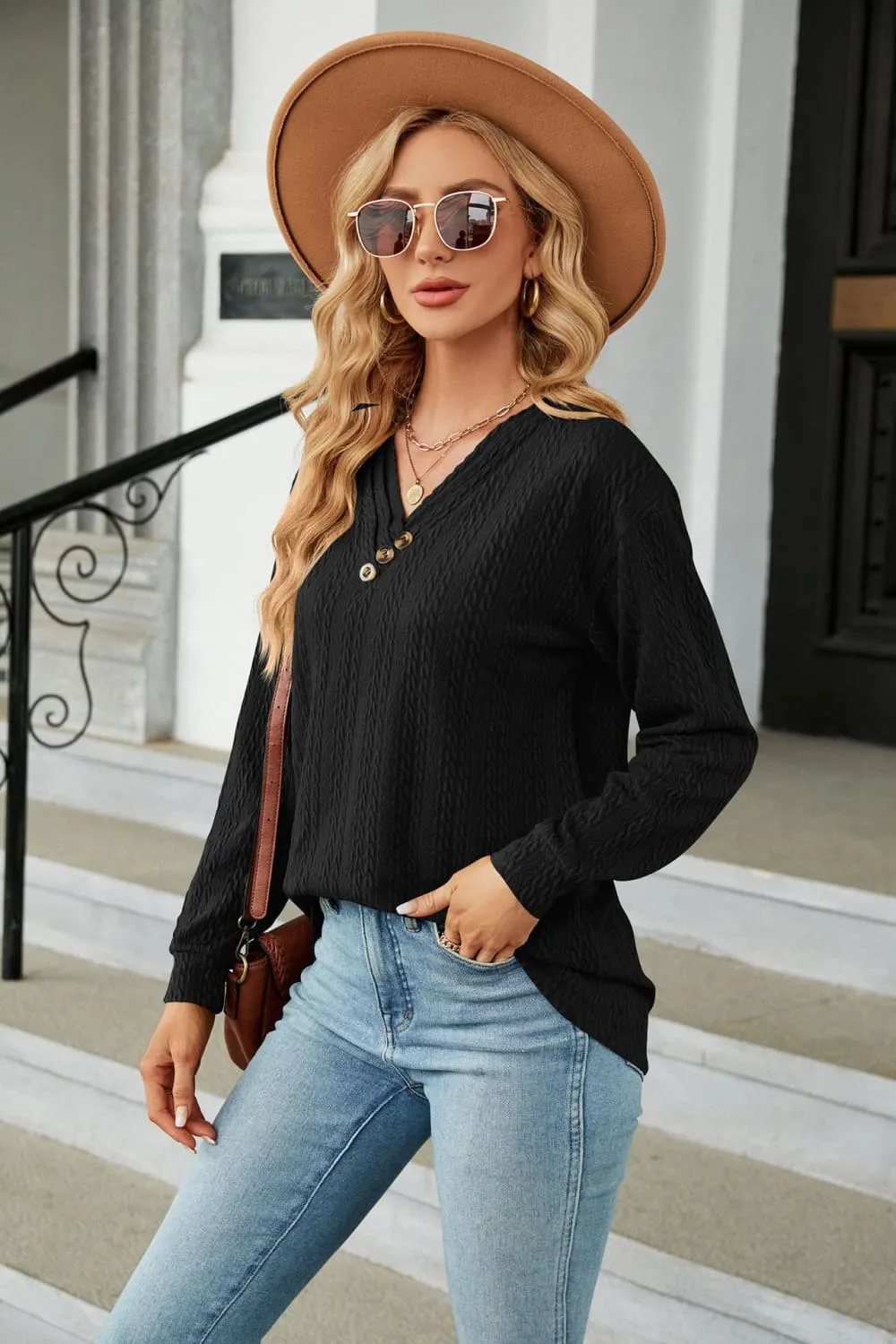 Decorative Button V-Neck Long Sleeve T-Shirt, image 26
