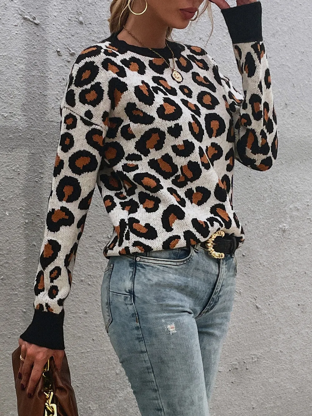 Leopard Round Neck Dropped Shoulder Sweater, image 2