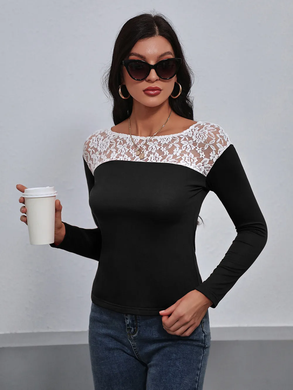 Lace Trim Long Sleeve Round Neck Tee, image 3